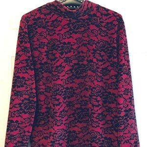 ERICA Sz S Womens Velour Velvet Knit Top Pullover Mock Neck Red/Black Floral